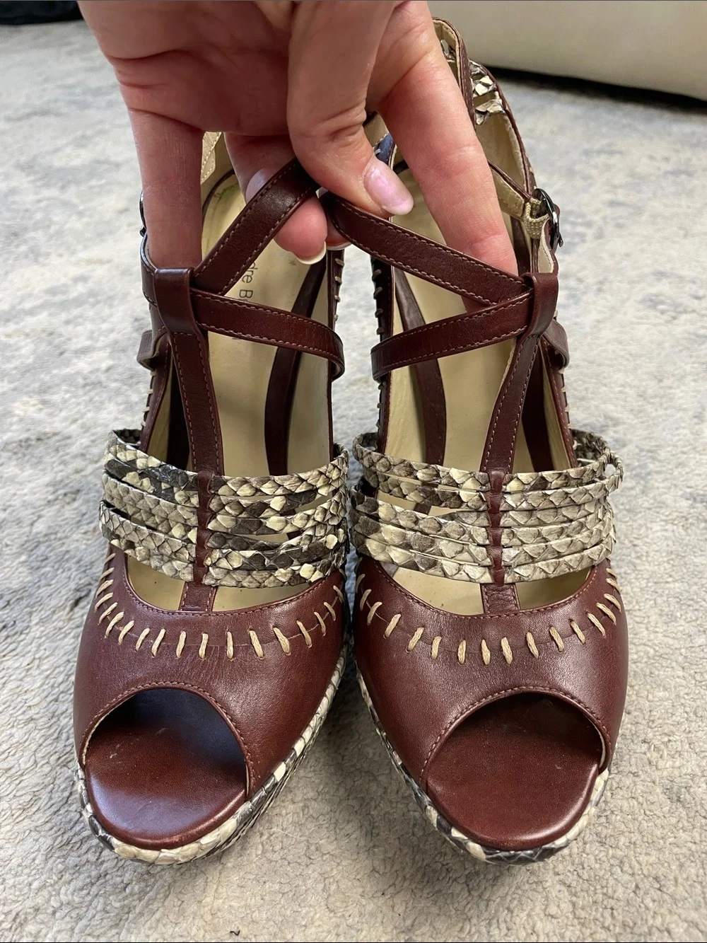 Alexandre Birman Python Leather Platform Heels Brown T Strap Size 9.5